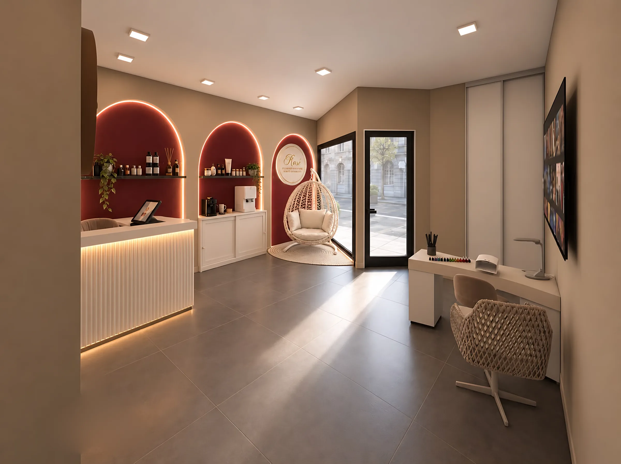 Reception con desk cannettato e percorso (render di progetto)