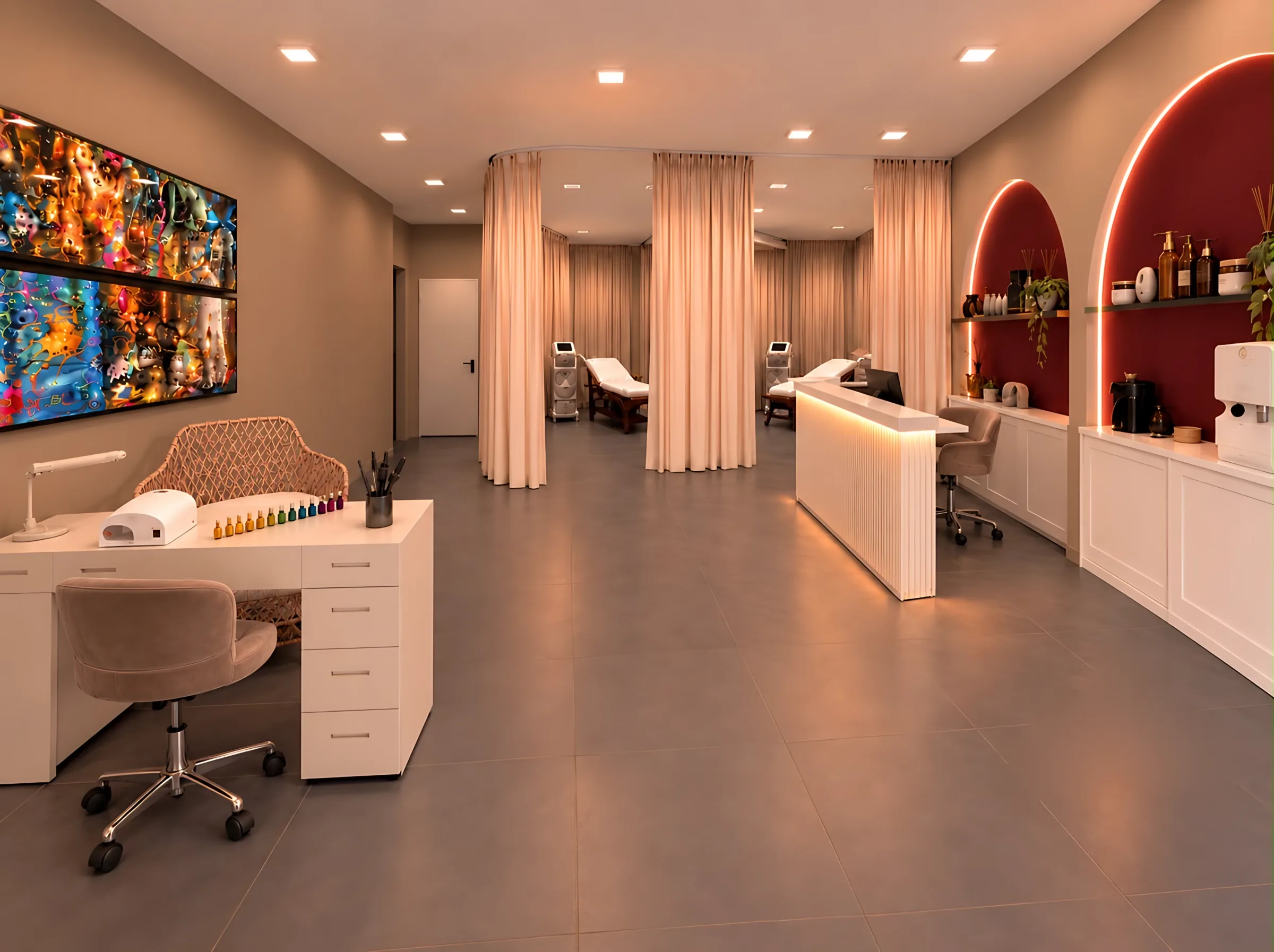 Interno del centro estetico Rosè Beauty Experience: accoglienza, beauty area e box trattamenti (render di progetto)